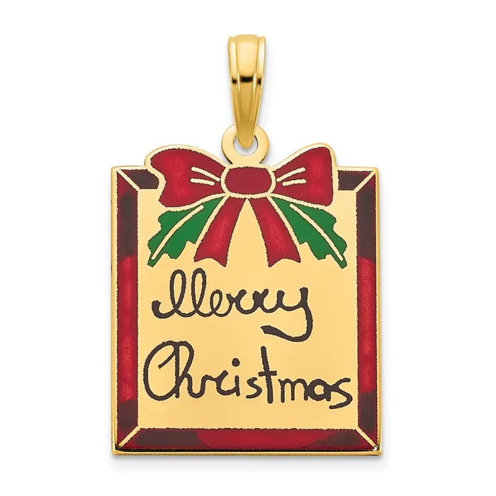 Goldia 14k Yellow Gold Polished Epoxy Merry Christmas Present Pendant Necklaces Goldia 14k Yellow Gold Polished Epoxy Merry Christmas Present Pendant Necklaces