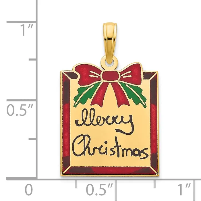 Goldia 14k Yellow Gold Polished Epoxy Merry Christmas Present Pendant Necklaces