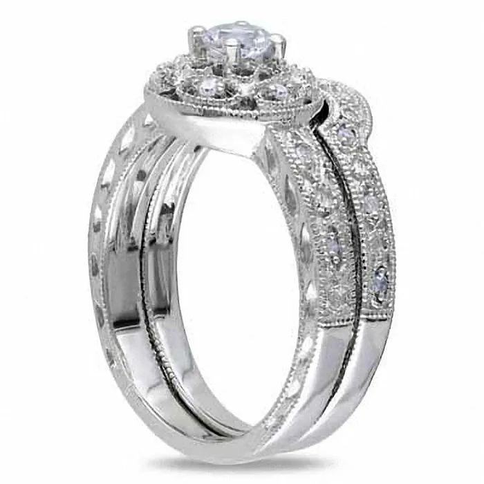 Goldia LabCreated White Sapphire and 010 CT TW Diamond Bridal Engagement Ring Set in Sterling Silver Rings