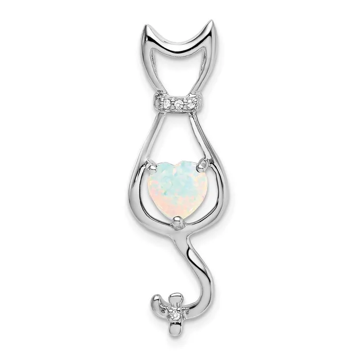Goldia Necklaces 14k White Gold Created Opal and Real Diamond Cat Pendant