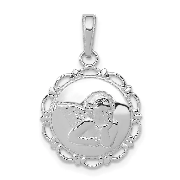Goldia Necklaces 14k White Gold Polished AngelCherub on Round Scallop Frame Pendant Goldia Necklaces 14k White Gold Polished AngelCherub on Round Scallop Frame Pendant