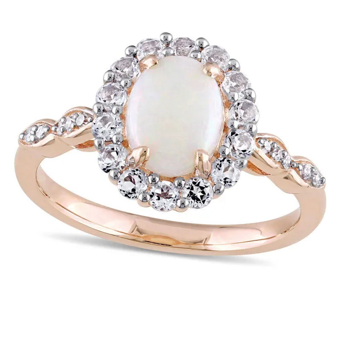 Rings Goldia Oval Opal White Topaz and Natural Diamond Accent Frame Ring in Solid 14K Rose Gold