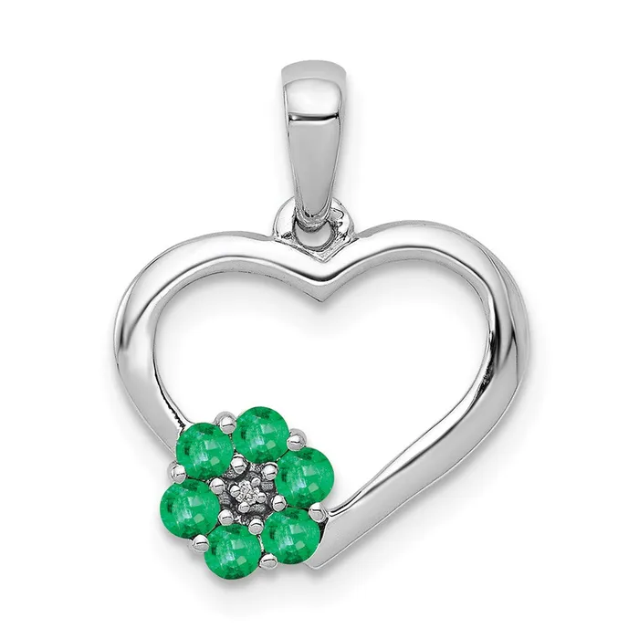 14k White Gold Diamond and Emerald Heart and Flower Pendant TreasureFineJewelers Necklaces 14k White Gold Diamond and Emerald Heart and Flower Pendant TreasureFineJewelers Necklaces