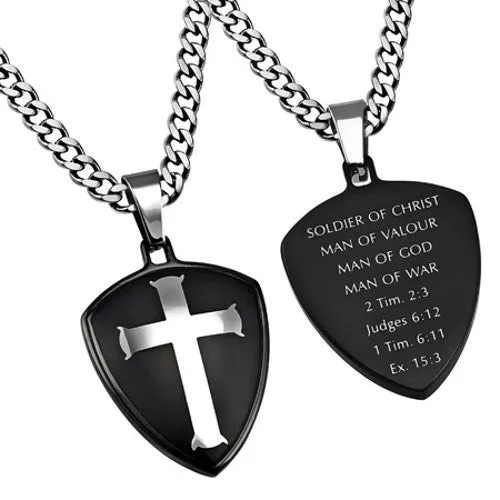 Cross and Shield Man of God Necklace Bible Verse Steel Curb Chain North Arrow Shop Necklaces Cross and Shield Man of God Necklace Bible Verse Steel Curb Chain North Arrow Shop Necklaces