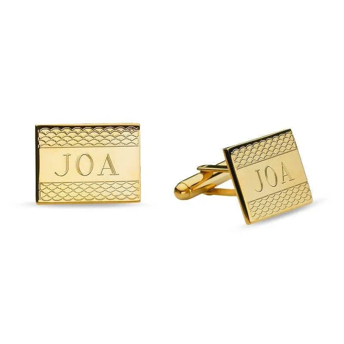 Mens Engravable Fish Scale Pattern Rectangle Cuff Links in Brass with 18K Gold Electroplate 3 Initials of Trendolla Trendolla Jewelry PreStyled Sets