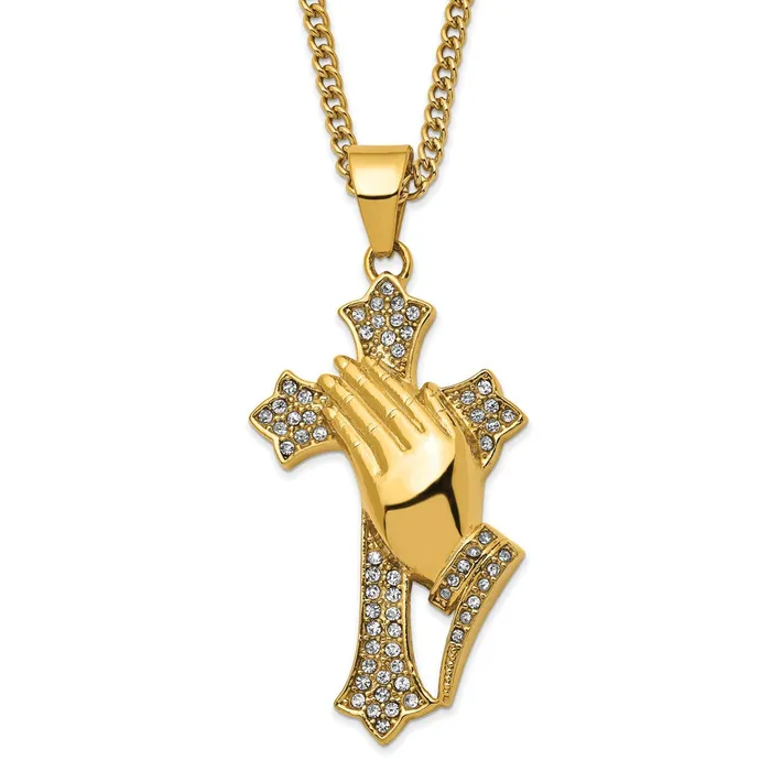 Necklaces TreasureFineJewelers Chisel Stainless Steel Polished Yellow IPplated with Crystal Cross with Prayer Hands Pendnat on a 24 inch Curb Chain Necklace Necklaces TreasureFineJewelers Chisel Stainless Steel Polished Yellow IPplated with Crystal Cross with Prayer Hands Pendnat on a 24 inch Curb Chain Necklace