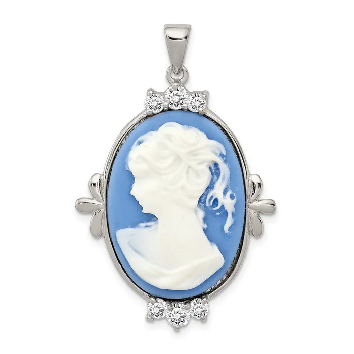 Necklaces TreasureFineJewelers Sterling Silver Rhodiumplated Blue Plastic Cameo with CZ accents Pendant Necklaces TreasureFineJewelers Sterling Silver Rhodiumplated Blue Plastic Cameo with CZ accents Pendant