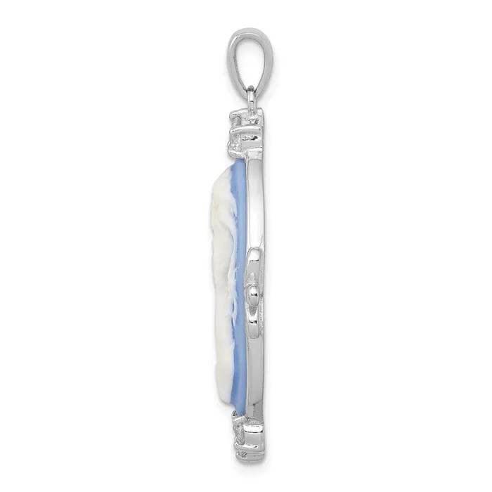 Necklaces TreasureFineJewelers Sterling Silver Rhodiumplated Blue Plastic Cameo with CZ accents Pendant