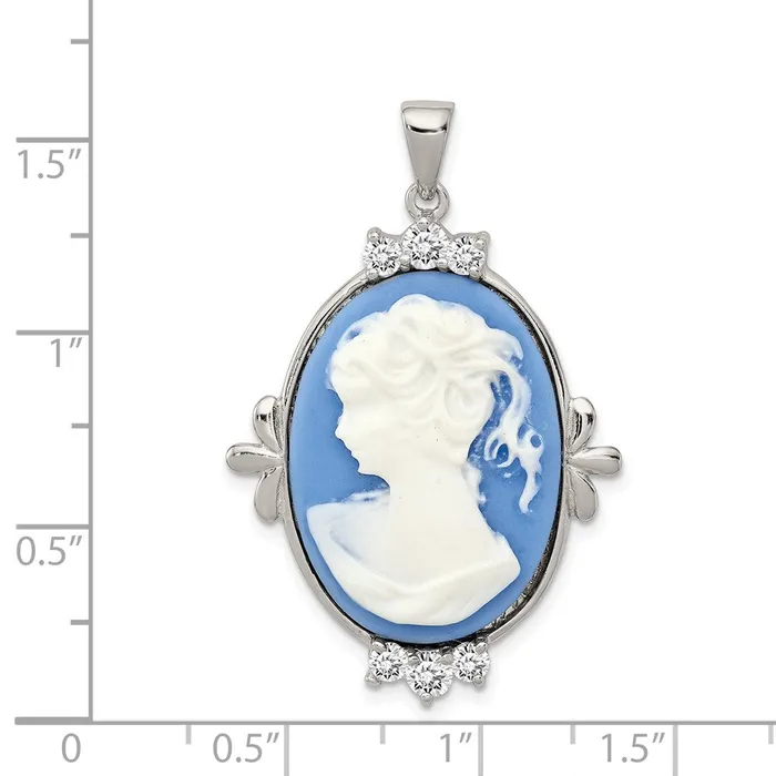 Necklaces TreasureFineJewelers Sterling Silver Rhodiumplated Blue Plastic Cameo with CZ accents Pendant