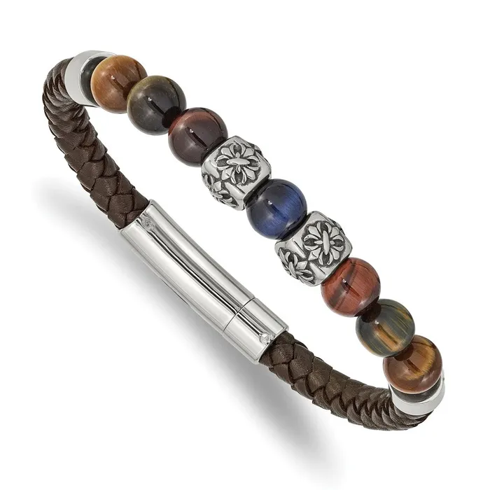 TreasureFineJewelers Chisel Stainless Steel Antiqued and Polished MultiColor Tigers Eye Beads Brown Leather 85 inch Bracelet Bracelets