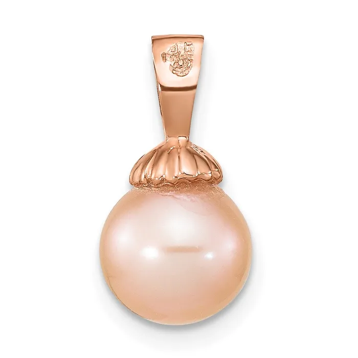 TreasureFineJewelers Necklaces 14K Rose Gold 89mm Round Pink Freshwater Cultured Pearl Pendant