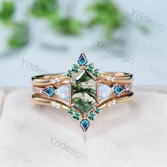5X9mm long hexagon moss agate engagement ring set vintage triangle fire opal kite alexandrite wedding ring set double curved v emerald band PENFINE Rings 5X9mm long hexagon moss agate engagement ring set vintage triangle fire opal kite alexandrite wedding ring set double curved v emerald band PENFINE Rings