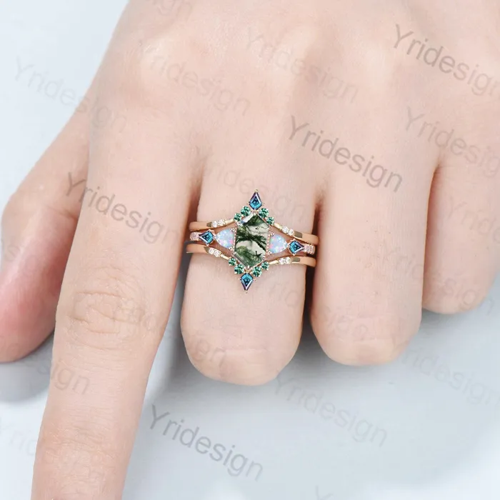 5X9mm long hexagon moss agate engagement ring set vintage triangle fire opal kite alexandrite wedding ring set double curved v emerald band PENFINE Rings 5X9mm long hexagon moss agate engagement ring set vintage triangle fire opal kite alexandrite wedding ring set double curved v emerald band PENFINE Rings