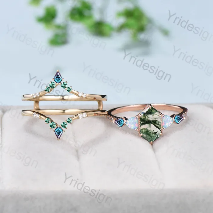 5X9mm long hexagon moss agate engagement ring set vintage triangle fire opal kite alexandrite wedding ring set double curved v emerald band PENFINE Rings 5X9mm long hexagon moss agate engagement ring set vintage triangle fire opal kite alexandrite wedding ring set double curved v emerald band PENFINE Rings