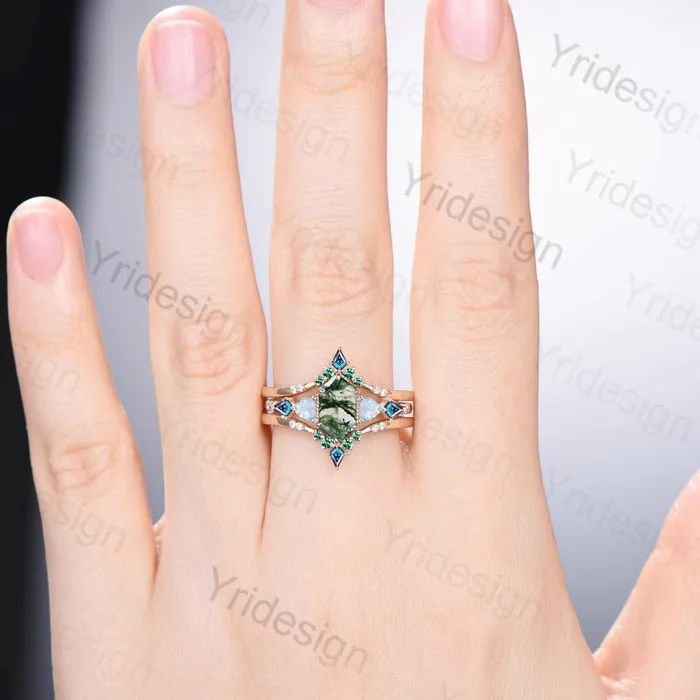 5X9mm long hexagon moss agate engagement ring set vintage triangle fire opal kite alexandrite wedding ring set double curved v emerald band PENFINE Rings 5X9mm long hexagon moss agate engagement ring set vintage triangle fire opal kite alexandrite wedding ring set double curved v emerald band PENFINE Rings