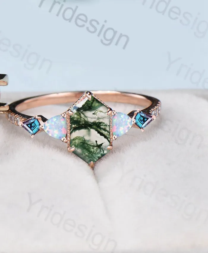 5X9mm long hexagon moss agate engagement ring set vintage triangle fire opal kite alexandrite wedding ring set double curved v emerald band PENFINE Rings 5X9mm long hexagon moss agate engagement ring set vintage triangle fire opal kite alexandrite wedding ring set double curved v emerald band PENFINE Rings