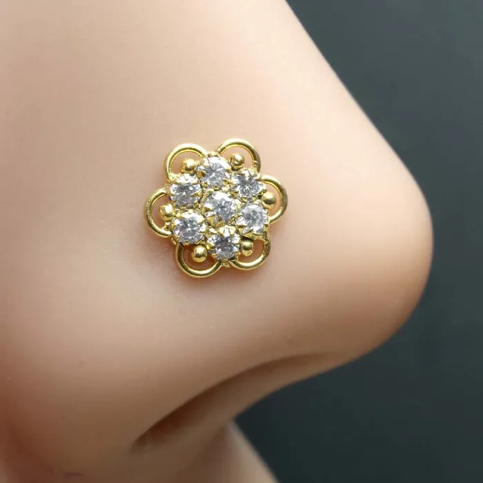 Cute Indian Floral Gold Plated Nose Stud CZ Twisted nose ring 24g Karizma Jewels Rings Cute Indian Floral Gold Plated Nose Stud CZ Twisted nose ring 24g Karizma Jewels Rings