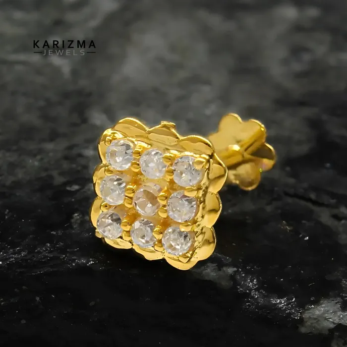 Earrings Karizma Jewels 18K Real Gold square Nose stud cum Earring White CZ Gold Screw Back