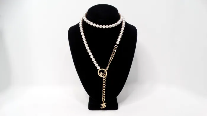 Necklaces Vintage by Misty Chanel Lariat Pearl Strand GoldTone Chain Interlocking CC Logo Necklace