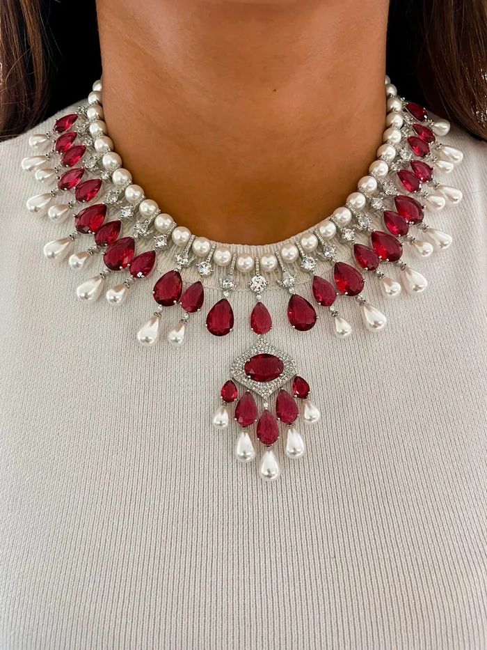 Pearl Ruby Drops Dimonte Necklace Set PRERTO ECOMMERCE PRIVATE LIMITED Necklaces Pearl Ruby Drops Dimonte Necklace Set PRERTO ECOMMERCE PRIVATE LIMITED Necklaces