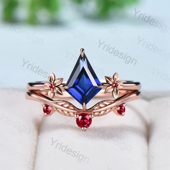PENFINE Floral Kite Cut Sapphire Ruby Engagement Ring Set Silver Rose Gold Leaves Flower Wedding Ring Set For Women Minimalist Handmade Jewelry Rings PENFINE Floral Kite Cut Sapphire Ruby Engagement Ring Set Silver Rose Gold Leaves Flower Wedding Ring Set For Women Minimalist Handmade Jewelry Rings
