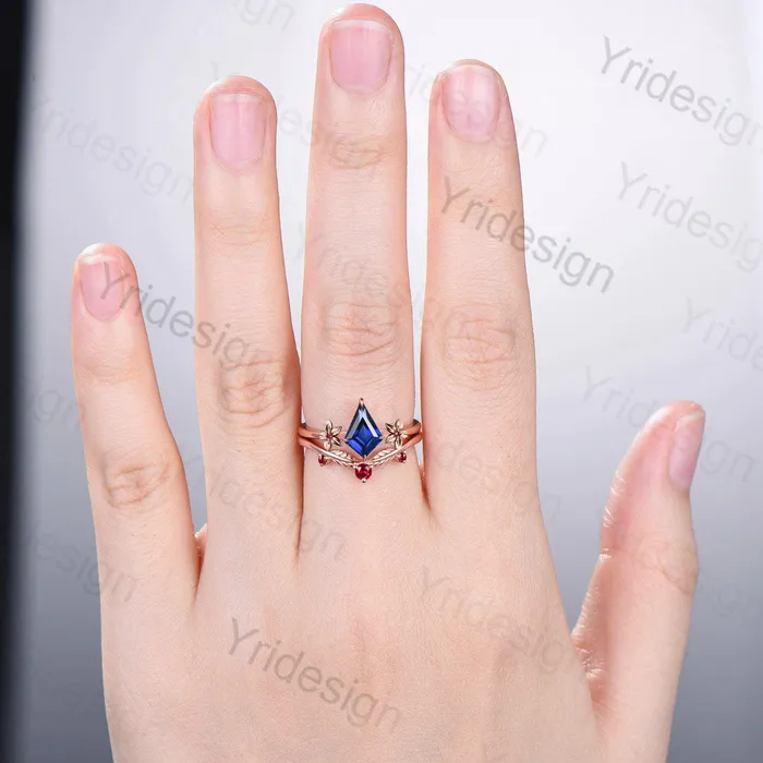 PENFINE Floral Kite Cut Sapphire Ruby Engagement Ring Set Silver Rose Gold Leaves Flower Wedding Ring Set For Women Minimalist Handmade Jewelry Rings PENFINE Floral Kite Cut Sapphire Ruby Engagement Ring Set Silver Rose Gold Leaves Flower Wedding Ring Set For Women Minimalist Handmade Jewelry Rings