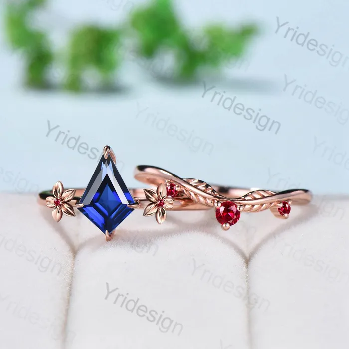 PENFINE Floral Kite Cut Sapphire Ruby Engagement Ring Set Silver Rose Gold Leaves Flower Wedding Ring Set For Women Minimalist Handmade Jewelry Rings PENFINE Floral Kite Cut Sapphire Ruby Engagement Ring Set Silver Rose Gold Leaves Flower Wedding Ring Set For Women Minimalist Handmade Jewelry Rings