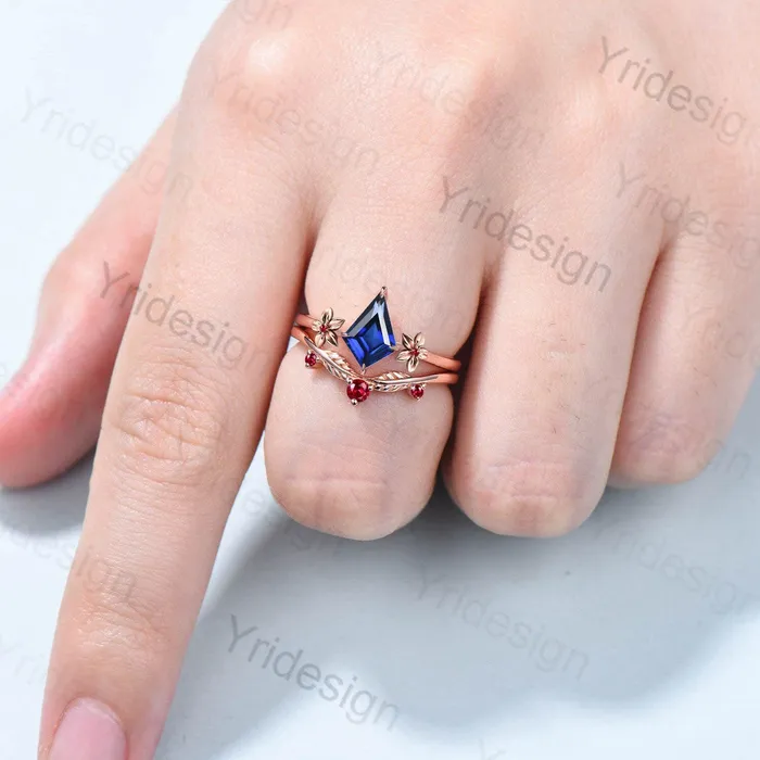 PENFINE Floral Kite Cut Sapphire Ruby Engagement Ring Set Silver Rose Gold Leaves Flower Wedding Ring Set For Women Minimalist Handmade Jewelry Rings PENFINE Floral Kite Cut Sapphire Ruby Engagement Ring Set Silver Rose Gold Leaves Flower Wedding Ring Set For Women Minimalist Handmade Jewelry Rings