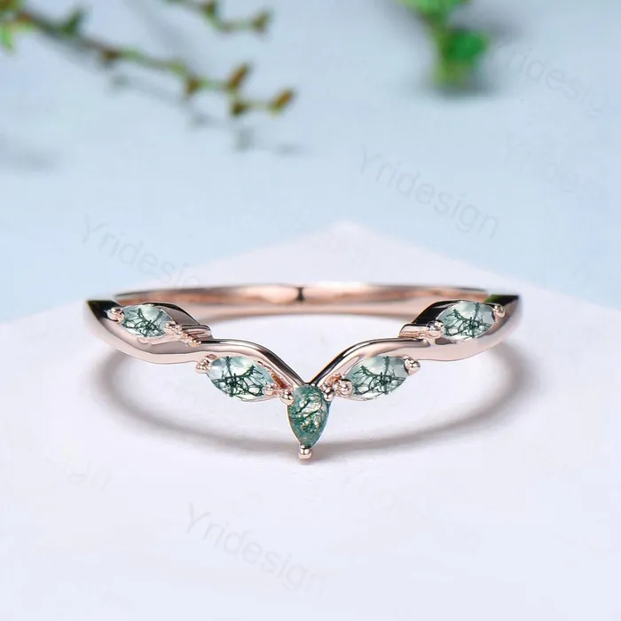 PENFINE Rings Pear Shaped And Marquise Moss Agate Wedding Band 14K Rose Gold Snowdrift Green Agate Stacking Wedding Ring Matching band Anniversary gift PENFINE Rings Pear Shaped And Marquise Moss Agate Wedding Band 14K Rose Gold Snowdrift Green Agate Stacking Wedding Ring Matching band Anniversary gift