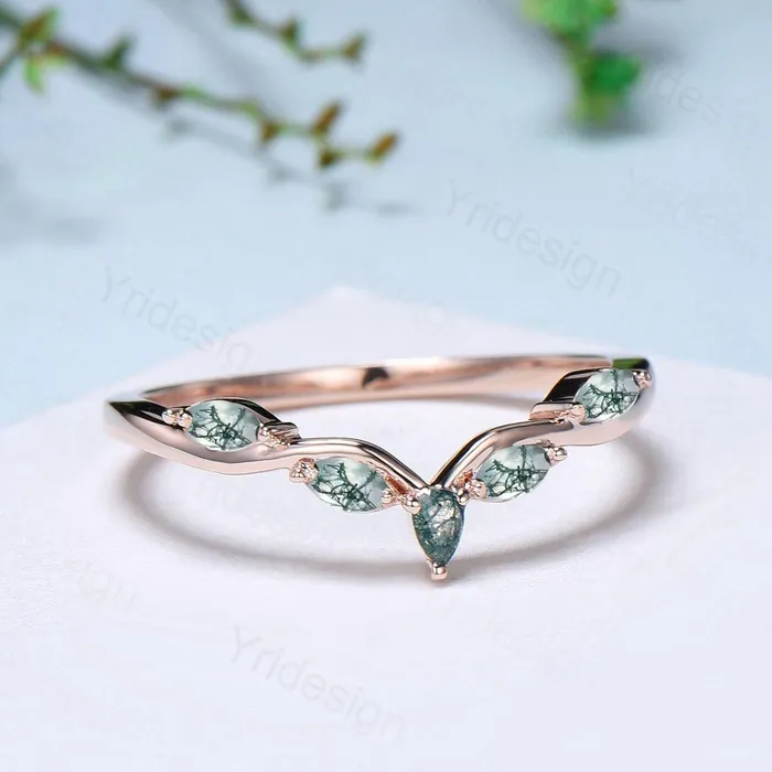 PENFINE Rings Pear Shaped And Marquise Moss Agate Wedding Band 14K Rose Gold Snowdrift Green Agate Stacking Wedding Ring Matching band Anniversary gift PENFINE Rings Pear Shaped And Marquise Moss Agate Wedding Band 14K Rose Gold Snowdrift Green Agate Stacking Wedding Ring Matching band Anniversary gift
