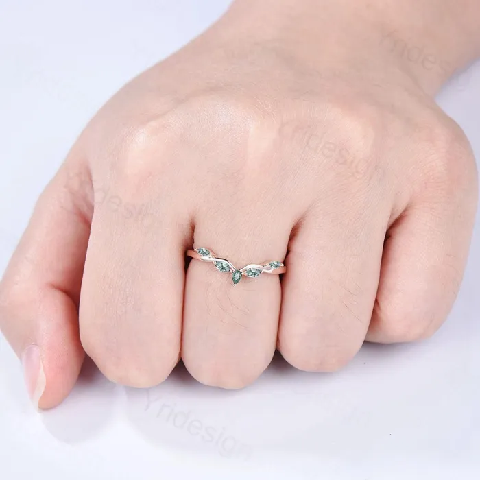 PENFINE Rings Pear Shaped And Marquise Moss Agate Wedding Band 14K Rose Gold Snowdrift Green Agate Stacking Wedding Ring Matching band Anniversary gift PENFINE Rings Pear Shaped And Marquise Moss Agate Wedding Band 14K Rose Gold Snowdrift Green Agate Stacking Wedding Ring Matching band Anniversary gift