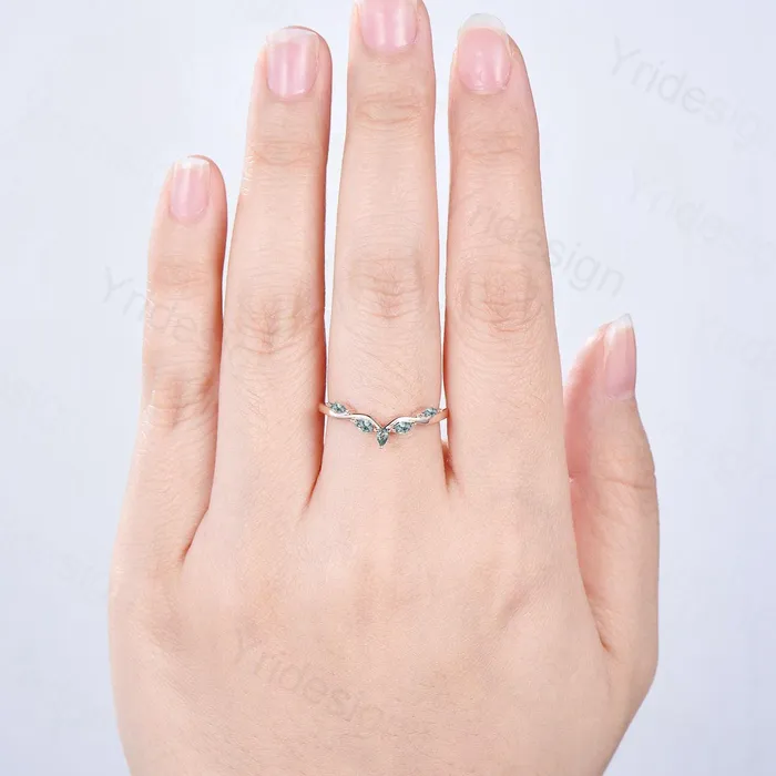 PENFINE Rings Pear Shaped And Marquise Moss Agate Wedding Band 14K Rose Gold Snowdrift Green Agate Stacking Wedding Ring Matching band Anniversary gift PENFINE Rings Pear Shaped And Marquise Moss Agate Wedding Band 14K Rose Gold Snowdrift Green Agate Stacking Wedding Ring Matching band Anniversary gift