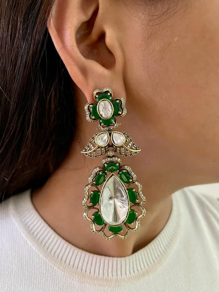 PRERTO ECOMMERCE PRIVATE LIMITED Necklaces Laiba Emerald Polki Kundan Semi Floret Statement Necklace set Necklace Earrings Mang Tika
