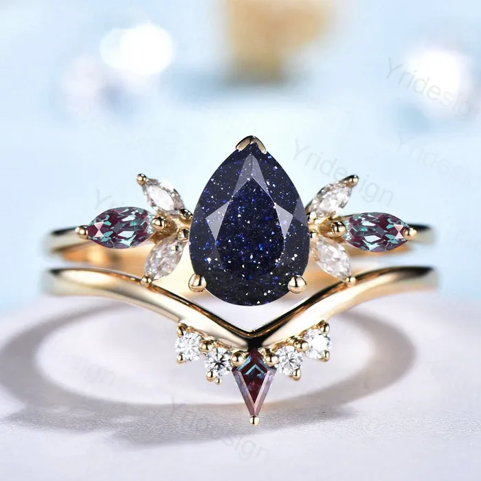 Rings PENFINE Unique Pear Blue Sandstone Cluster Engagement Rings Galaxy Starry Sky Ring Crystal Alexandrite Ring Unique Handmade Proposal Gifts for Women Rings PENFINE Unique Pear Blue Sandstone Cluster Engagement Rings Galaxy Starry Sky Ring Crystal Alexandrite Ring Unique Handmade Proposal Gifts for Women