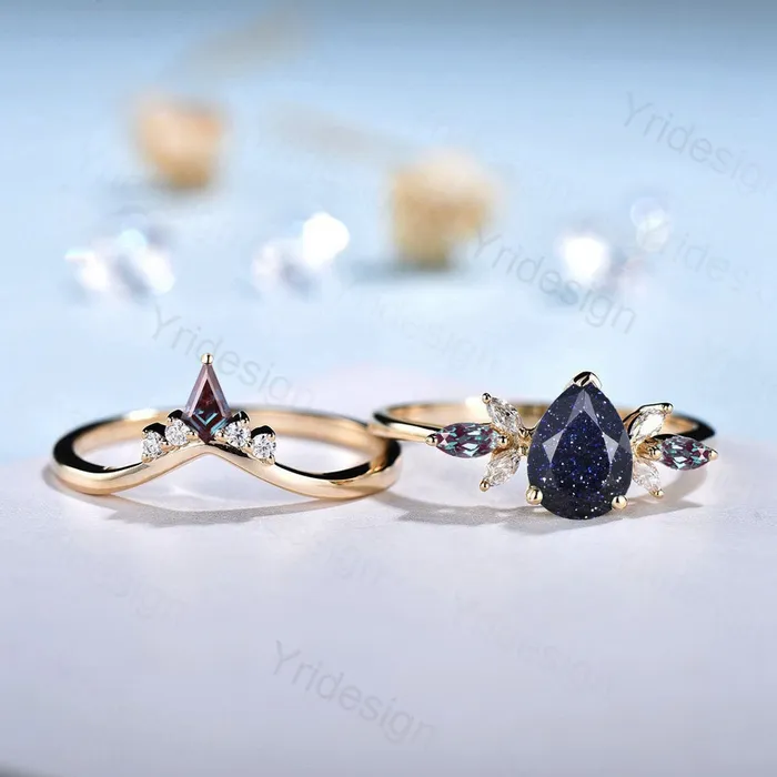 Rings PENFINE Unique Pear Blue Sandstone Cluster Engagement Rings Galaxy Starry Sky Ring Crystal Alexandrite Ring Unique Handmade Proposal Gifts for Women