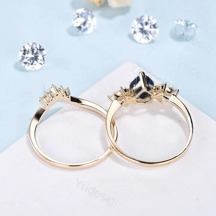 Rings PENFINE Unique Pear Blue Sandstone Cluster Engagement Rings Galaxy Starry Sky Ring Crystal Alexandrite Ring Unique Handmade Proposal Gifts for Women