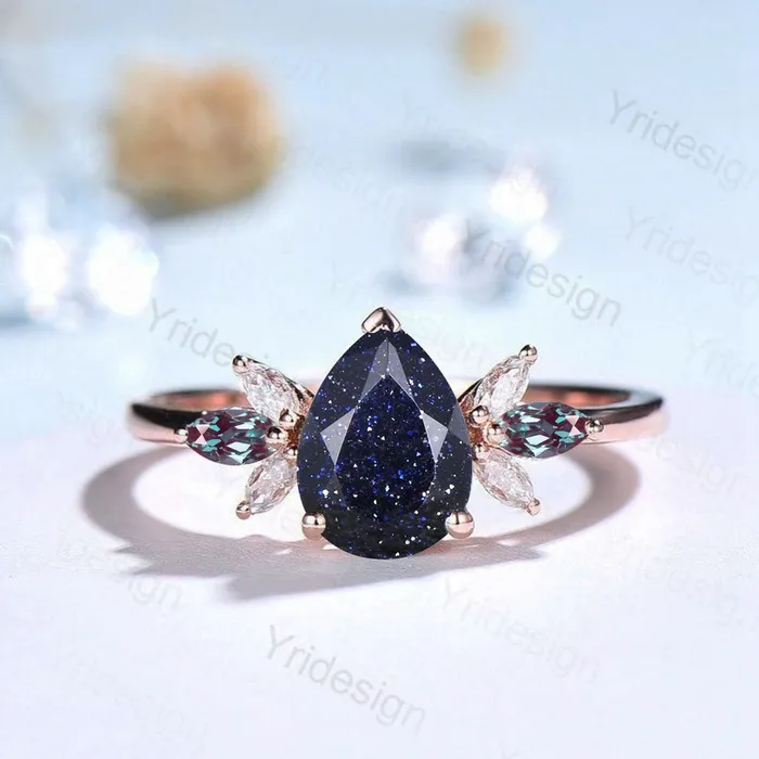 Rings PENFINE Unique Pear Blue Sandstone Cluster Engagement Rings Galaxy Starry Sky Ring Crystal Alexandrite Ring Unique Handmade Proposal Gifts for Women