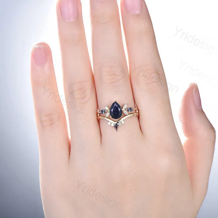 Rings PENFINE Unique Pear Blue Sandstone Cluster Engagement Rings Galaxy Starry Sky Ring Crystal Alexandrite Ring Unique Handmade Proposal Gifts for Women