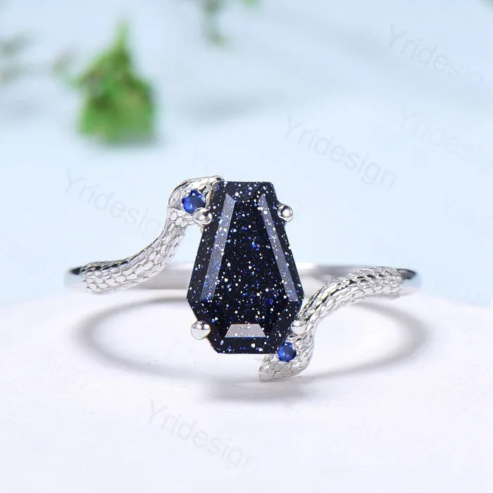 Rings PENFINE Unique Snake blue sandstone engagement ring coldblooded coffin shaped galaxy star three stone wedding ring women anniversary promise gift Rings PENFINE Unique Snake blue sandstone engagement ring coldblooded coffin shaped galaxy star three stone wedding ring women anniversary promise gift