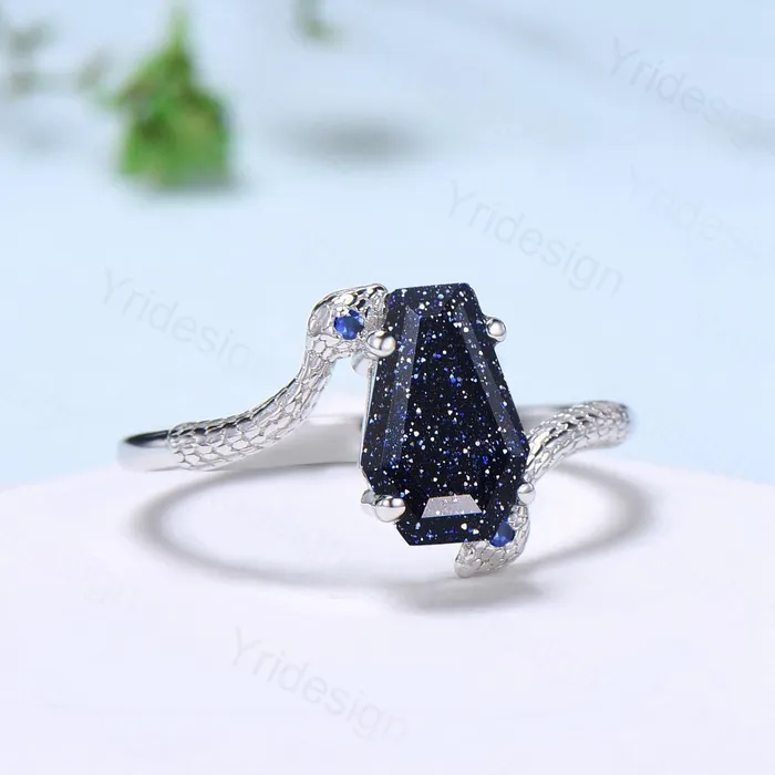 Rings PENFINE Unique Snake blue sandstone engagement ring coldblooded coffin shaped galaxy star three stone wedding ring women anniversary promise gift Rings PENFINE Unique Snake blue sandstone engagement ring coldblooded coffin shaped galaxy star three stone wedding ring women anniversary promise gift
