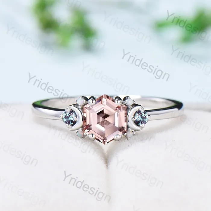 Rings PENFINE Vintage Hexagon Pink Morganite Ring Unique Nature Inspired Morganite Moon Engagement Ring Alternative Alexandrite Opal Wedding Ring Women Rings PENFINE Vintage Hexagon Pink Morganite Ring Unique Nature Inspired Morganite Moon Engagement Ring Alternative Alexandrite Opal Wedding Ring Women