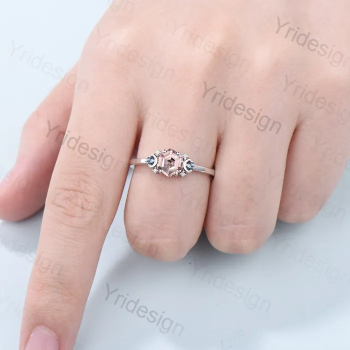 Rings PENFINE Vintage Hexagon Pink Morganite Ring Unique Nature Inspired Morganite Moon Engagement Ring Alternative Alexandrite Opal Wedding Ring Women Rings PENFINE Vintage Hexagon Pink Morganite Ring Unique Nature Inspired Morganite Moon Engagement Ring Alternative Alexandrite Opal Wedding Ring Women