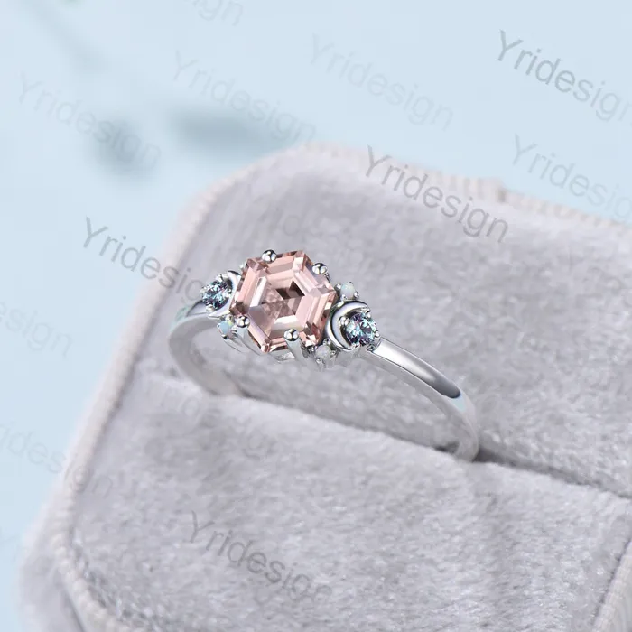 Rings PENFINE Vintage Hexagon Pink Morganite Ring Unique Nature Inspired Morganite Moon Engagement Ring Alternative Alexandrite Opal Wedding Ring Women Rings PENFINE Vintage Hexagon Pink Morganite Ring Unique Nature Inspired Morganite Moon Engagement Ring Alternative Alexandrite Opal Wedding Ring Women