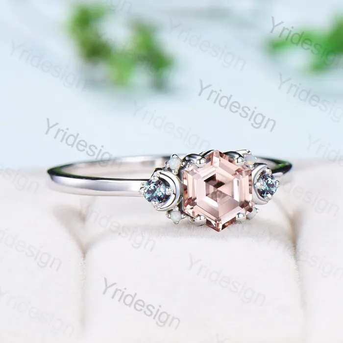 Rings PENFINE Vintage Hexagon Pink Morganite Ring Unique Nature Inspired Morganite Moon Engagement Ring Alternative Alexandrite Opal Wedding Ring Women Rings PENFINE Vintage Hexagon Pink Morganite Ring Unique Nature Inspired Morganite Moon Engagement Ring Alternative Alexandrite Opal Wedding Ring Women