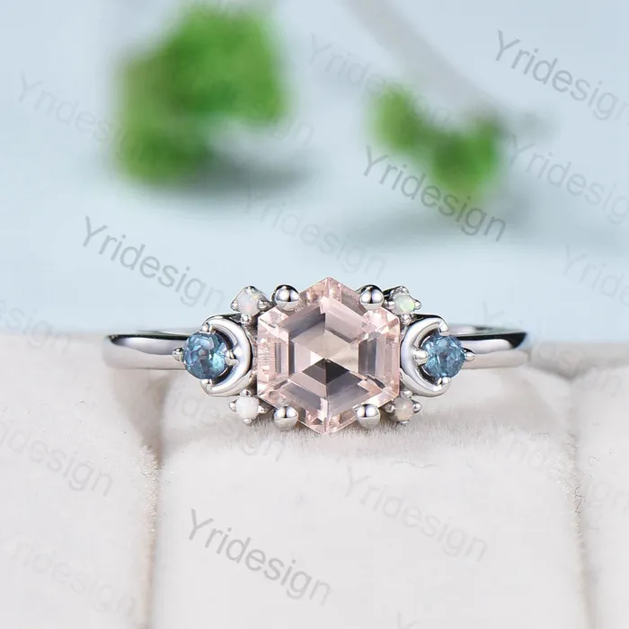 Rings PENFINE Vintage Hexagon Pink Morganite Ring Unique Nature Inspired Morganite Moon Engagement Ring Alternative Alexandrite Opal Wedding Ring Women Rings PENFINE Vintage Hexagon Pink Morganite Ring Unique Nature Inspired Morganite Moon Engagement Ring Alternative Alexandrite Opal Wedding Ring Women