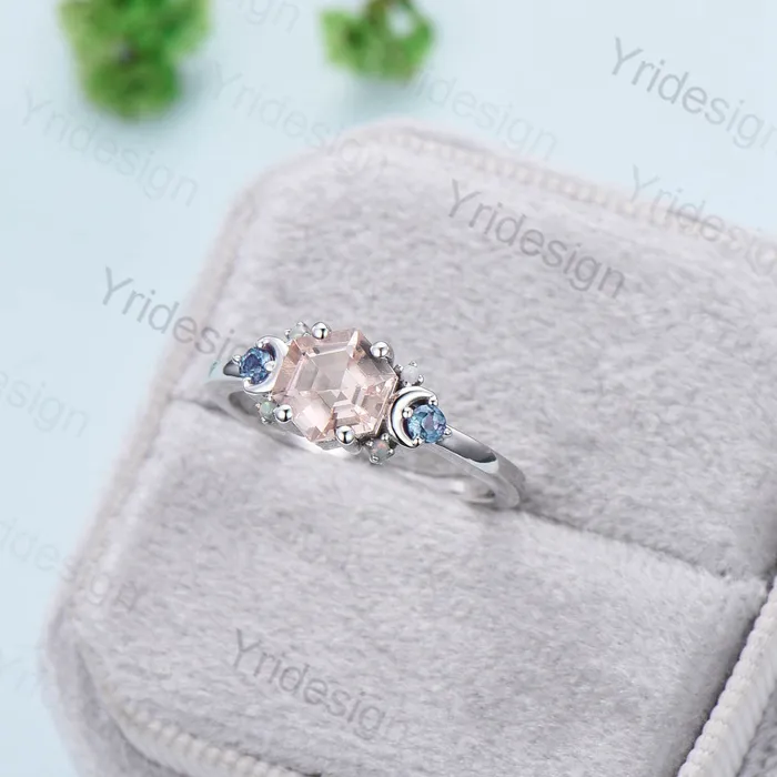 Rings PENFINE Vintage Hexagon Pink Morganite Ring Unique Nature Inspired Morganite Moon Engagement Ring Alternative Alexandrite Opal Wedding Ring Women Rings PENFINE Vintage Hexagon Pink Morganite Ring Unique Nature Inspired Morganite Moon Engagement Ring Alternative Alexandrite Opal Wedding Ring Women