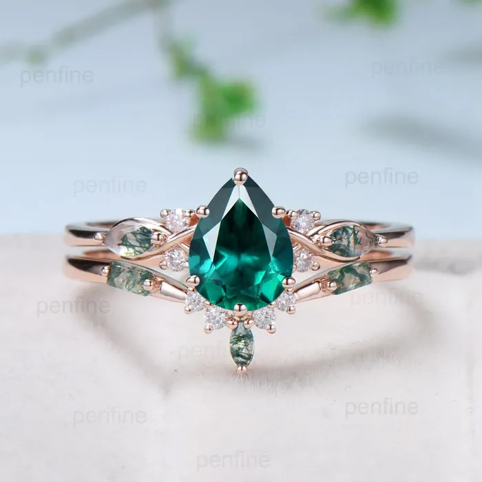 Rings PENFINE Vintage Pear Shaped Emerald Engagement Ring Set Unique 14k Rose Gold Vine Marquise Baguette Moss Agate Wedding Ring Set Ring Promise Gift Rings PENFINE Vintage Pear Shaped Emerald Engagement Ring Set Unique 14k Rose Gold Vine Marquise Baguette Moss Agate Wedding Ring Set Ring Promise Gift