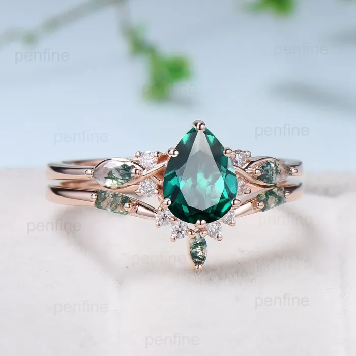 Rings PENFINE Vintage Pear Shaped Emerald Engagement Ring Set Unique 14k Rose Gold Vine Marquise Baguette Moss Agate Wedding Ring Set Ring Promise Gift Rings PENFINE Vintage Pear Shaped Emerald Engagement Ring Set Unique 14k Rose Gold Vine Marquise Baguette Moss Agate Wedding Ring Set Ring Promise Gift