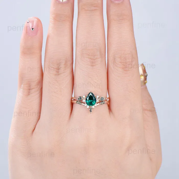 Rings PENFINE Vintage Pear Shaped Emerald Engagement Ring Set Unique 14k Rose Gold Vine Marquise Baguette Moss Agate Wedding Ring Set Ring Promise Gift Rings PENFINE Vintage Pear Shaped Emerald Engagement Ring Set Unique 14k Rose Gold Vine Marquise Baguette Moss Agate Wedding Ring Set Ring Promise Gift