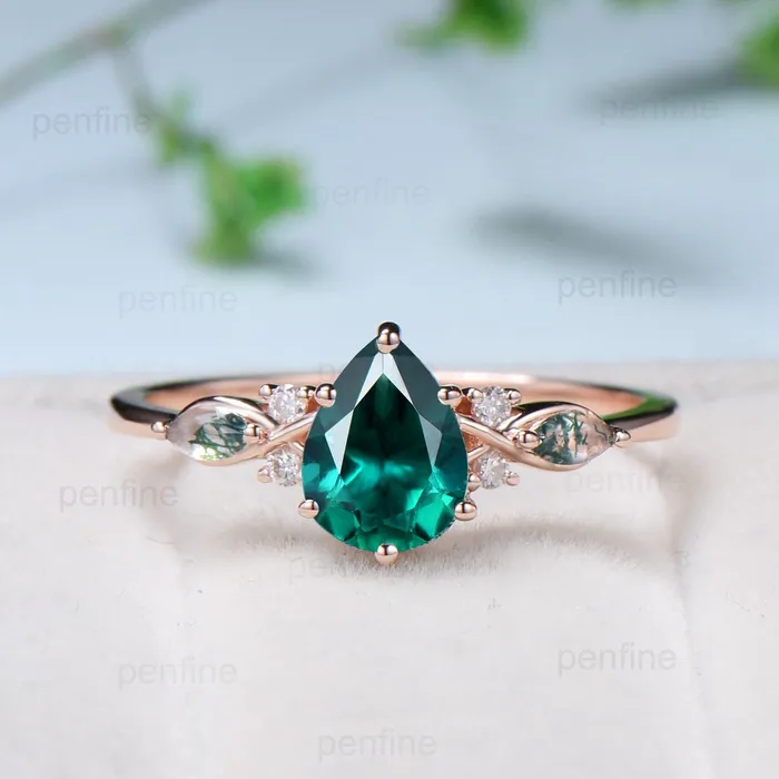 Rings PENFINE Vintage Pear Shaped Emerald Engagement Ring Set Unique 14k Rose Gold Vine Marquise Baguette Moss Agate Wedding Ring Set Ring Promise Gift Rings PENFINE Vintage Pear Shaped Emerald Engagement Ring Set Unique 14k Rose Gold Vine Marquise Baguette Moss Agate Wedding Ring Set Ring Promise Gift